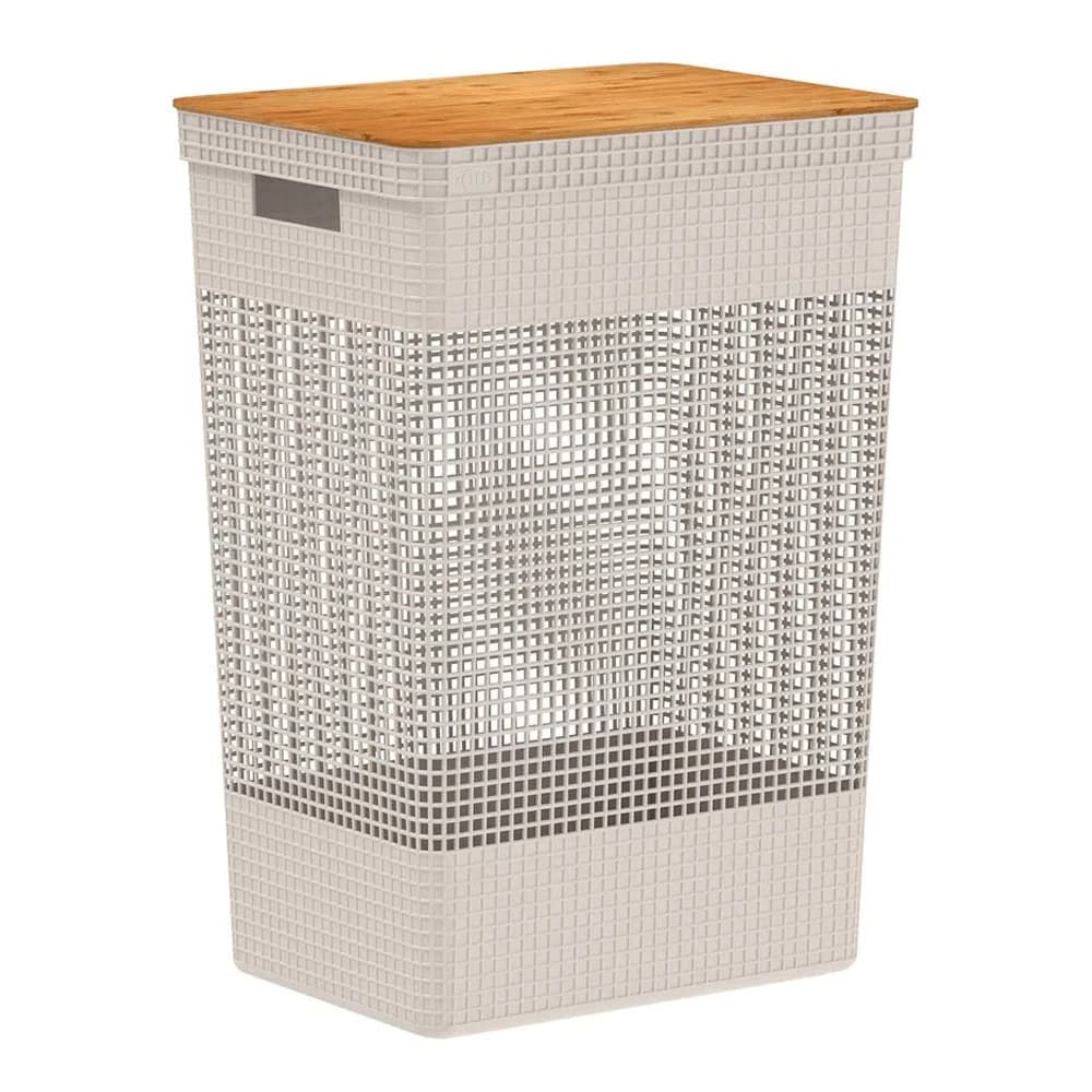 Cesto de Roupa com Tampa de Bambu ou Grid Bege 39x29x56cm