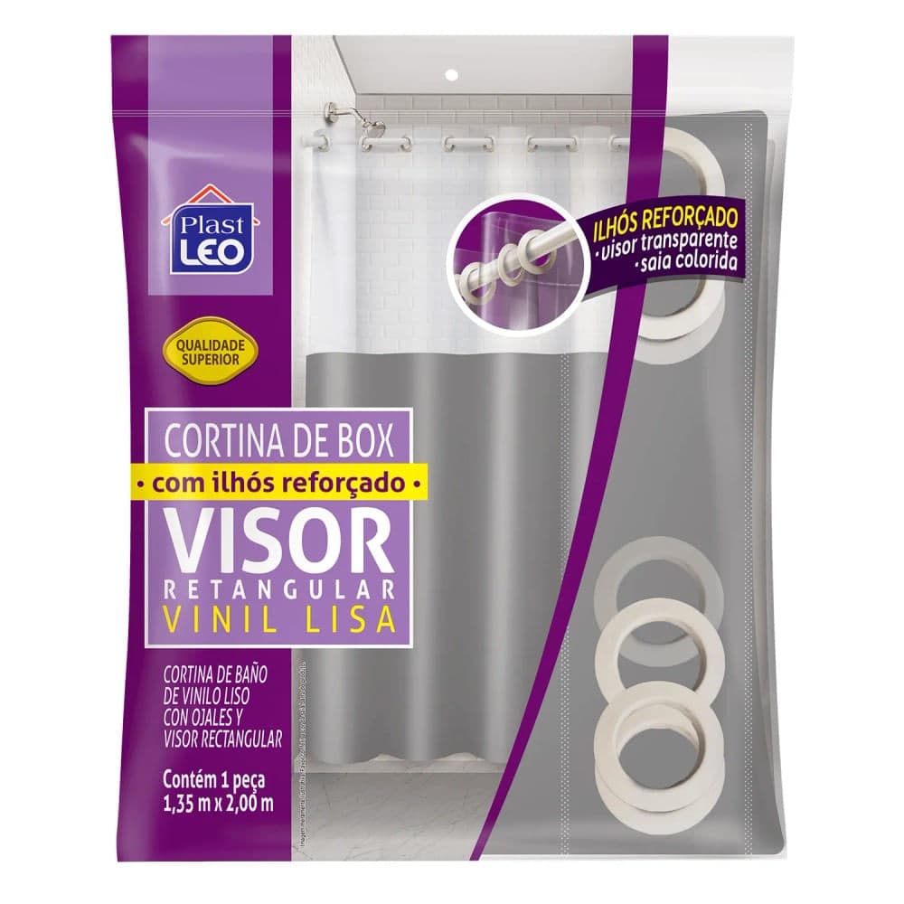 Cortina para Box de Banheiro com Visor 2x1,35m Cinza - Plast Leo